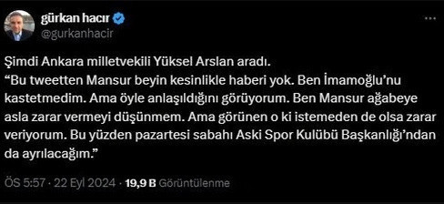 Yüksel Arslan'ın paylaşımı krize sebep oldu! Mansur Yavaş'tan tepki - Resim: 1