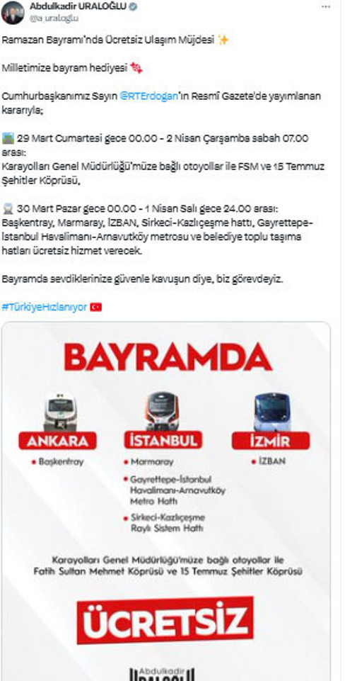 Bayram süresince toplu ulaşım ücretsiz olacak! Bakan Abdulkadir Uraloğlu duyurdu - Resim: 0