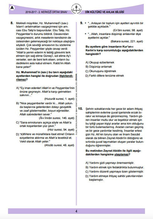 TEOG Din kültürü ve ahlak bilgisi soruları ve cevap anahtarları 2017 tüm kitapçıklara göre - Resim: 4