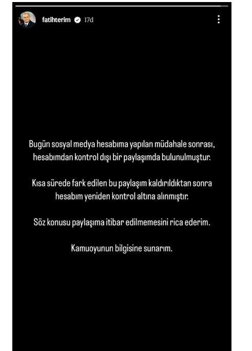 Fatih Terim'in hesabı hacklendi 'Ali Koç' paylaşımı yapıldı: İtibar edilmemesini rica ederim - Resim: 1