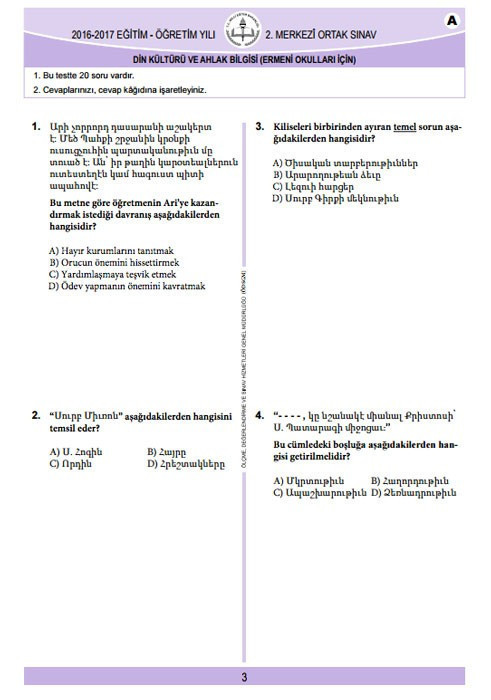 TEOG Din Kültürü ve Ahlak Bilgisi (Ermeni) soruları ve cevap anahtarları 2017 tüm kitapçıklara göre - Resim: 2