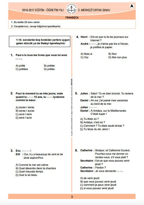 TEOG Fransızca soruları ve cevap anahtarları 2017 tüm kitapçıklara göre - Resim: 2