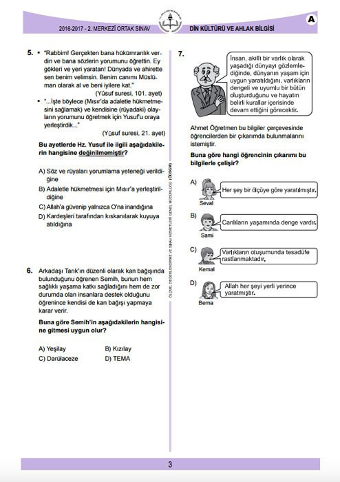 TEOG Din kültürü ve ahlak bilgisi soruları ve cevap anahtarları 2017 tüm kitapçıklara göre - Resim: 3