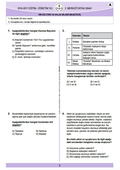 TEOG Din kültürü ve ahlak bilgisi Musevilik soruları ve cevap anahtarları 2017 tüm kitapçıklara göre - Resim: 2