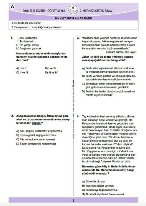 TEOG Din kültürü ve ahlak bilgisi soruları ve cevap anahtarları 2017 tüm kitapçıklara göre - Resim: 2