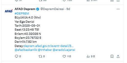 Ege Denizi'nde 4 büyüklüğünde deprem oldu! AFAD son depremi duyurdu - Resim: 0