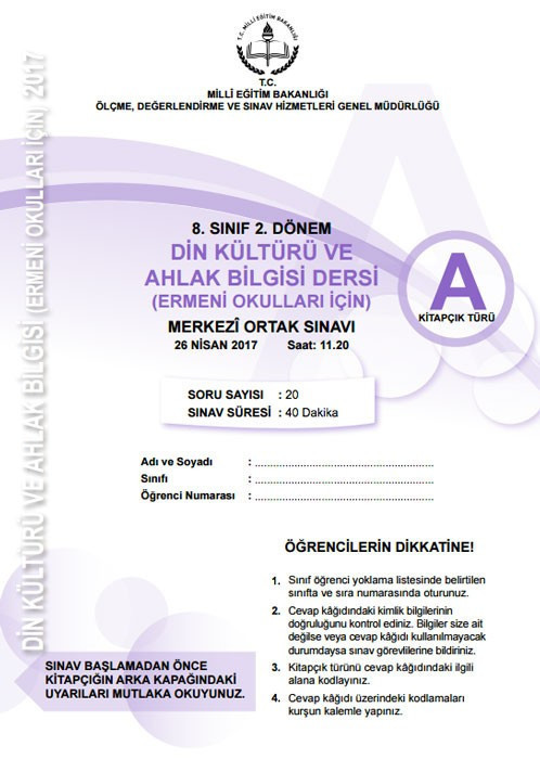 TEOG Din Kültürü ve Ahlak Bilgisi (Ermeni) soruları ve cevap anahtarları 2017 tüm kitapçıklara göre - Resim: 1