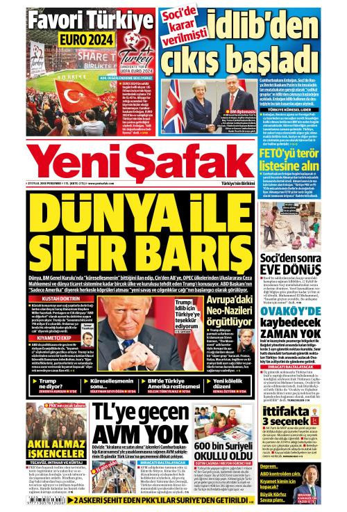 Gazete manşetleri 27 Eylül 2018 Sabah - Yeni Şafak - Hürriyet - Milliyet - Resim: 1