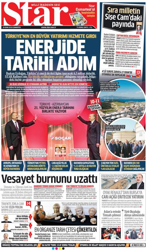 Gazete manşetleri 20 Ekim 2018 Hürriyet - Sözcü - Milliyet - Posta - Resim: 2