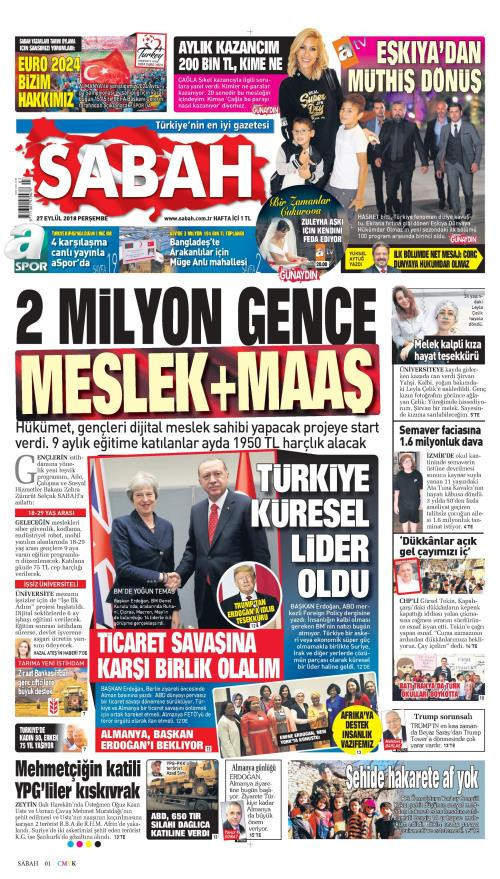 Gazete manşetleri 27 Eylül 2018 Sabah - Yeni Şafak - Hürriyet - Milliyet - Resim: 3