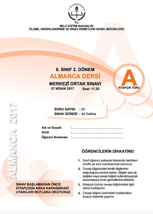 TEOG Almanca soruları ve cevap anahtarları 2017 tüm kitapçıklara göre - Resim: 1