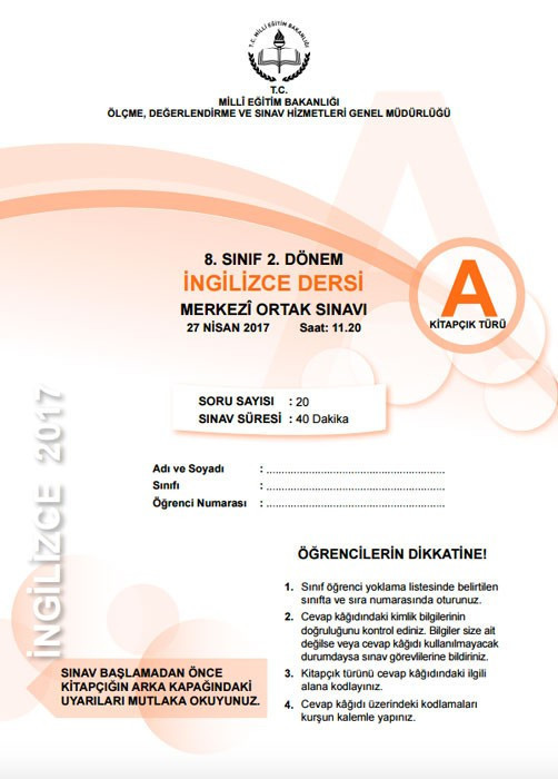 TEOG İngilizce soruları ve cevap anahtarları 2017 tüm kitapçıklara göre - Resim: 1