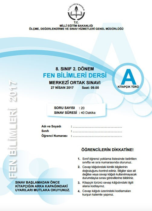 TEOG Fen Bilimleri soruları ve cevap anahtarları 2017 tüm kitapçıklara göre - Resim: 1