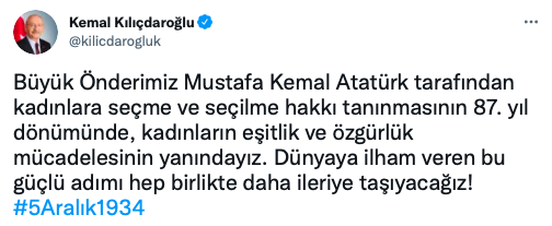 Kemal Kılıçdaroğlu'ndan kadınlara seçme hakkı yıl dönümü mesajı - Resim: 0