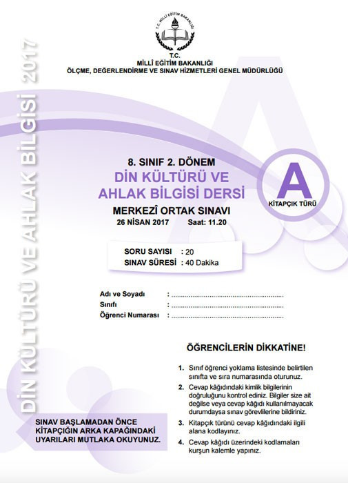 TEOG Din kültürü ve ahlak bilgisi soruları ve cevap anahtarları 2017 tüm kitapçıklara göre - Resim: 1