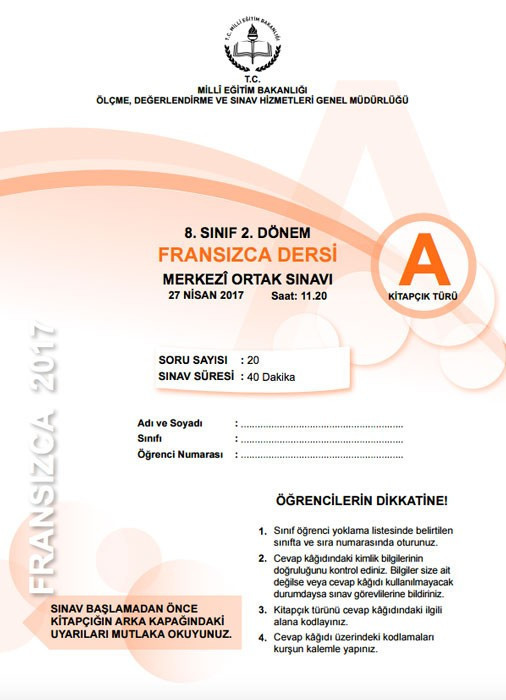TEOG Fransızca soruları ve cevap anahtarları 2017 tüm kitapçıklara göre - Resim: 1