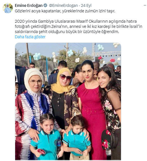 Emine Erdoğan'dan İsrail'in düzenlediği saldırıda şehit olan Zeina için taziye mesajı - Resim: 0