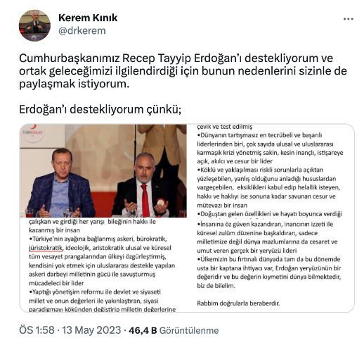 Kızılay'ın eski başkanı Kerem Kınık 'Erdoğan'ı destekliyorum' deyip övgü yağdırdı - Resim: 0