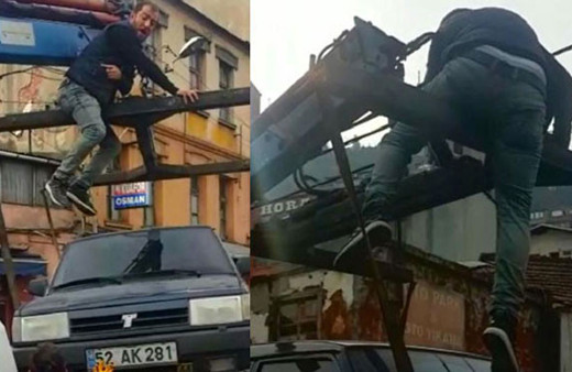 Çekicinin üstünde 3 kilometre yol gitti görenler şaşkına döndü