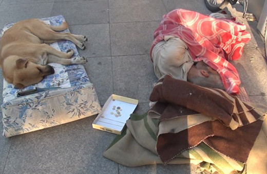 Köpekle birlikte uyuyan adam yürekleri sızlattı