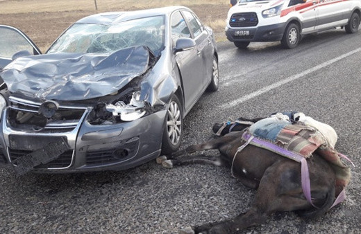 Kırşehir'de otomobil eşeğe çarptı! 3 kişi yaralandı