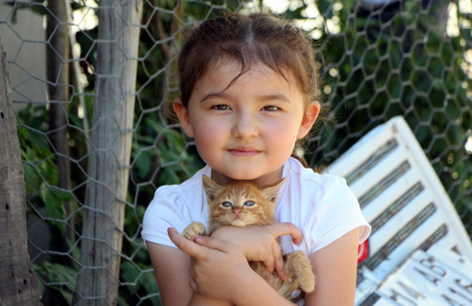 Minik Azra selde kurtardığı yavru kediyi sahiplendi