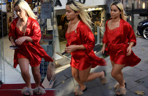 Ünlü şarkıcı Asya Gashi kırmızı geceliğiyle Nişantaşı sokaklarında koşarken çekildi