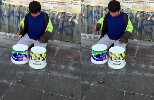 Sokakta yoğurt kovalarıyla ünlü bateristlere taş çıkarttı