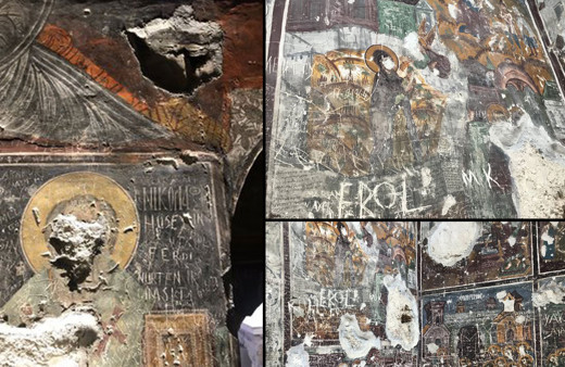 Tarihi rezalet! Trabzon'daki Sümela Manastırı’nda fresklerin suratları parçalandı