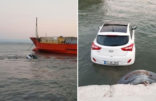 Çanakkale'de el freni inik unutulan araç denize uçtu ilginç olay cep telefonu kamerasında