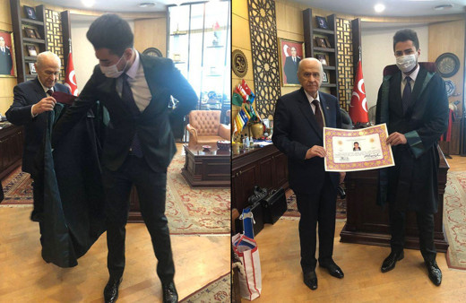 Devlet Bahçeli vefat eden MHP'li vekilin oğluna avukatlık cübbesini giydirdi