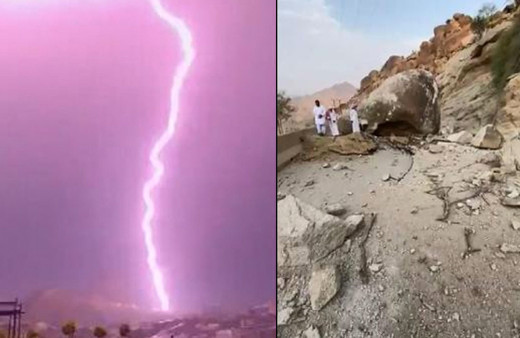 Suudi Arabistan’da dağa düşen yıldırım dev kayalığı parçaladı
