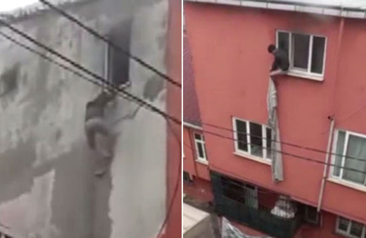 Önce perdeyle sarktı sonra camdan çatıya atladı can pazarı kamerada