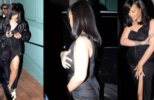 Rihanna'nın ince siyah elbisesi başına bela oldu! Kameraları görünce frikik vermemeye çalıştı ama...