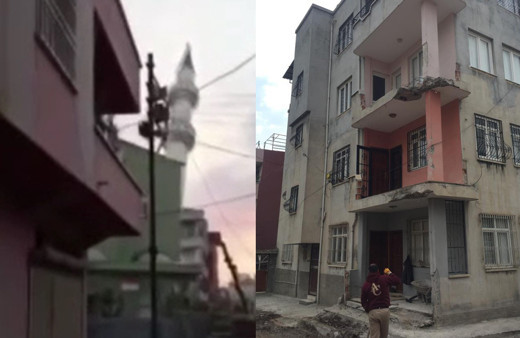 Caminin minaresi 3 katlı evin üzerine devrildi! Kontrollü yıkımda korku dolu anlar kamerada