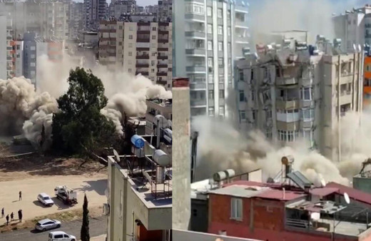 Depremde ağır hasar almıştı! 14 katlı binanın yıkılma anı, havadan ve karadan görüntülendi