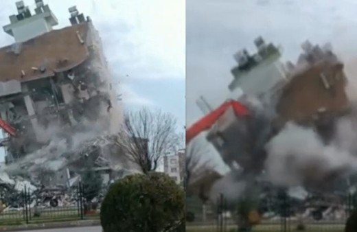 Yıkım sırasında korku dolu anlar! Bina, iş makinesinin üzerine devrildi