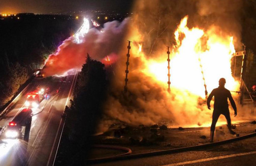Otoyolda korkutan yangın: Alevler metrelerce yükseldi, tırın dorsesi küle döndü!