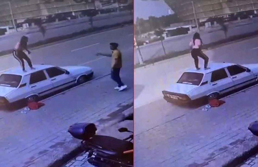 Yer Adana: İlginç görüntüler ortaya çıktı! Genç kadın otomobilin tavanına çıkıp herkesi şaşırttı!