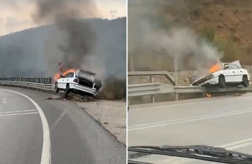 Bursa'da bariyerlere giren otomobil alev alev yandı!