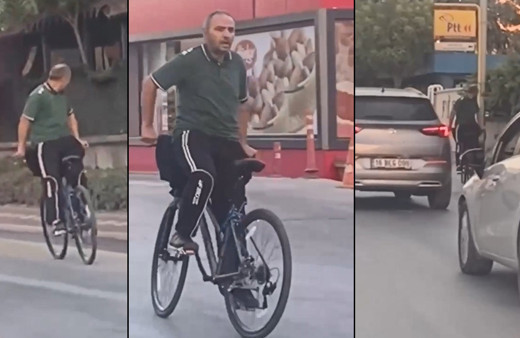Bisiklete ters bindi, metrelerce öyle ilerledi! Hem kendi canını hem trafiği böyle tehlikeye attı