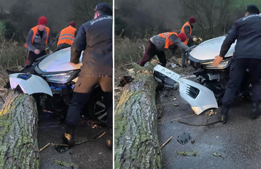 Otomobil fırtına yüzünden yola devrilen ağaca çarptı!