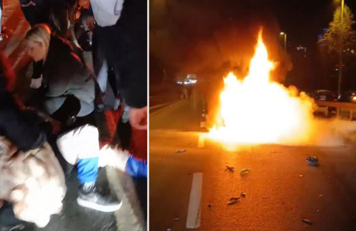 Taksiyle çarpışan motosiklet alev topuna döndü: 2 yaralı