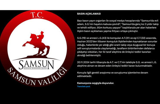 Samsun Valiliği'nden "19 yaşındaki kızın tehdit edildiği" iddiasıyla ilgili açıklama