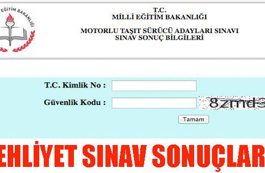 Ehliyet sonuçları sınav bilgisi ekranı