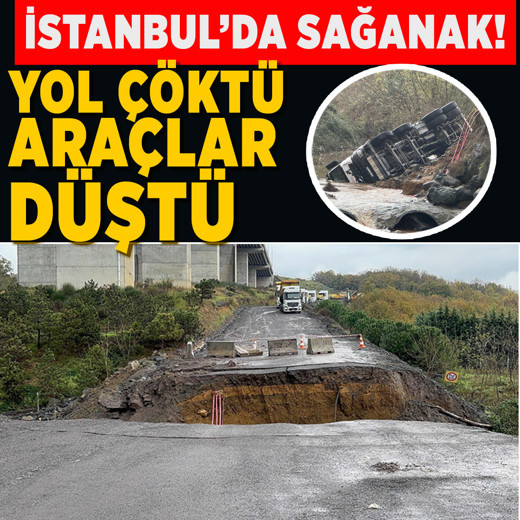 İstanbul'da sağanak! Sarıyer'de yol çöktü! Pikap ile kamyonet dereye düştü