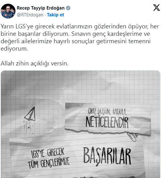 Cumhurbaşkanı Erdoğan'dan LGS sınavı mesajı - Resim: 0