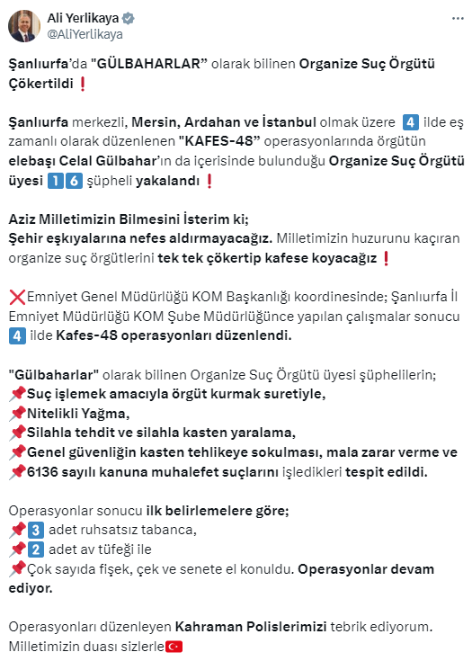 Bakan Yerlikaya duyurdu! "Gülbaharlar" suç örgütü çökertildi - Resim: 1