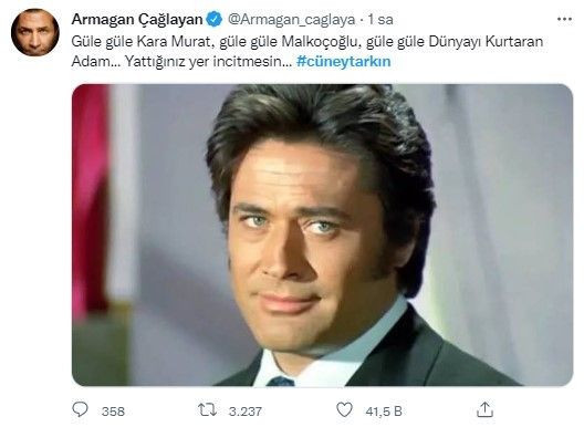 Yeşilçam'ın yıldızı Cüneyt Arkın'ın ölümü ünlüleri yasa boğdu... İşte ünlülerin sosyal medya paylaşımları - Resim: 3