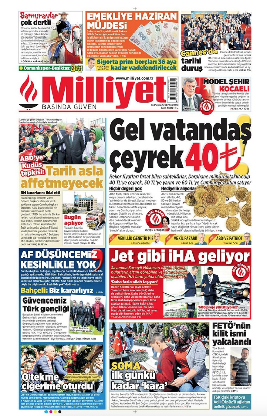 Gazete manşetleri 14 Mayıs 2018 Hürriyet - Sözcü - Habertürk - Resim: 1